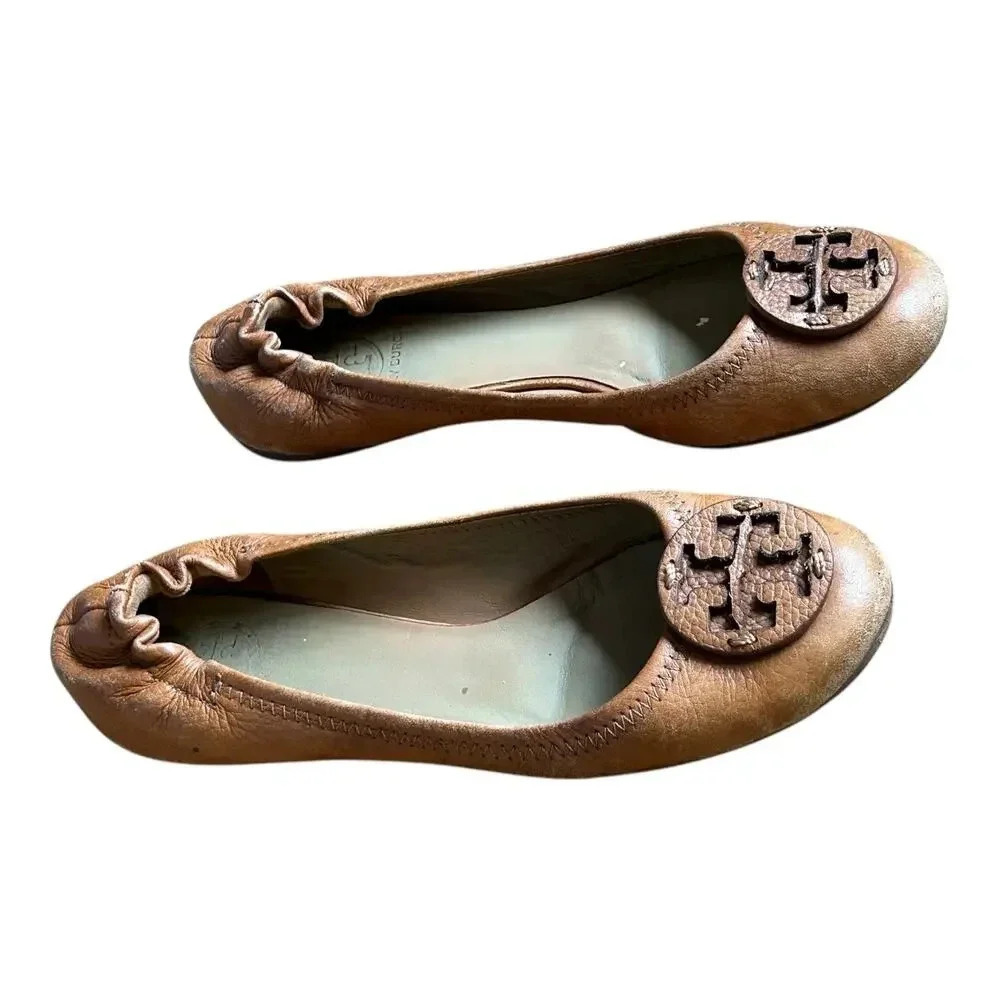 Tory Burch Brown Minnie Travel Ballet Flats Women’s Slippers Soft Napa Leather
